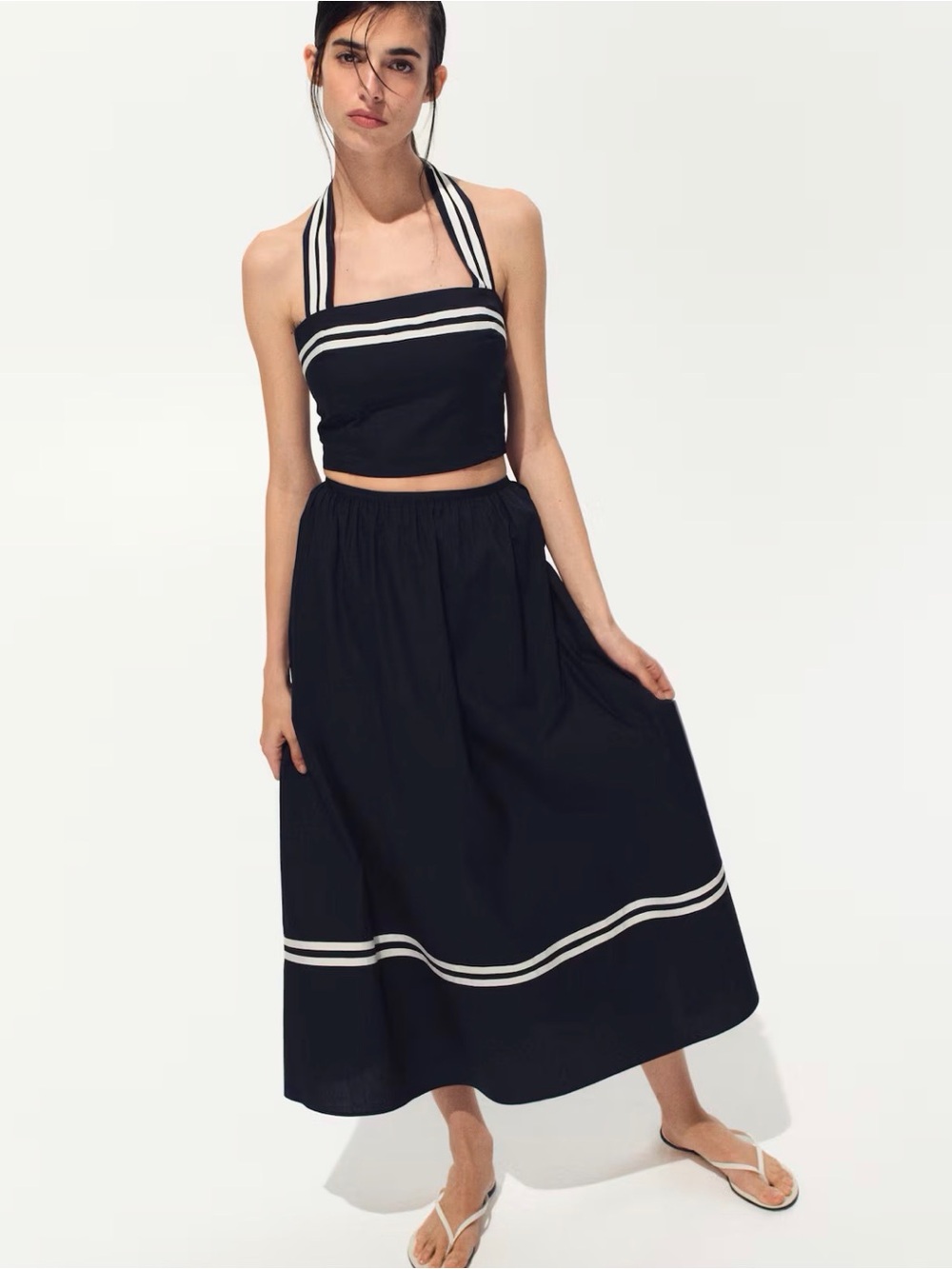H&M Skirt Blue Circle Flare Bottom Stripe Retro Size M NWT